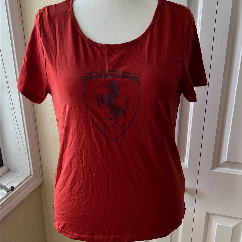 Puma Ferrari Deep Red Scoop Neck Logo Tee